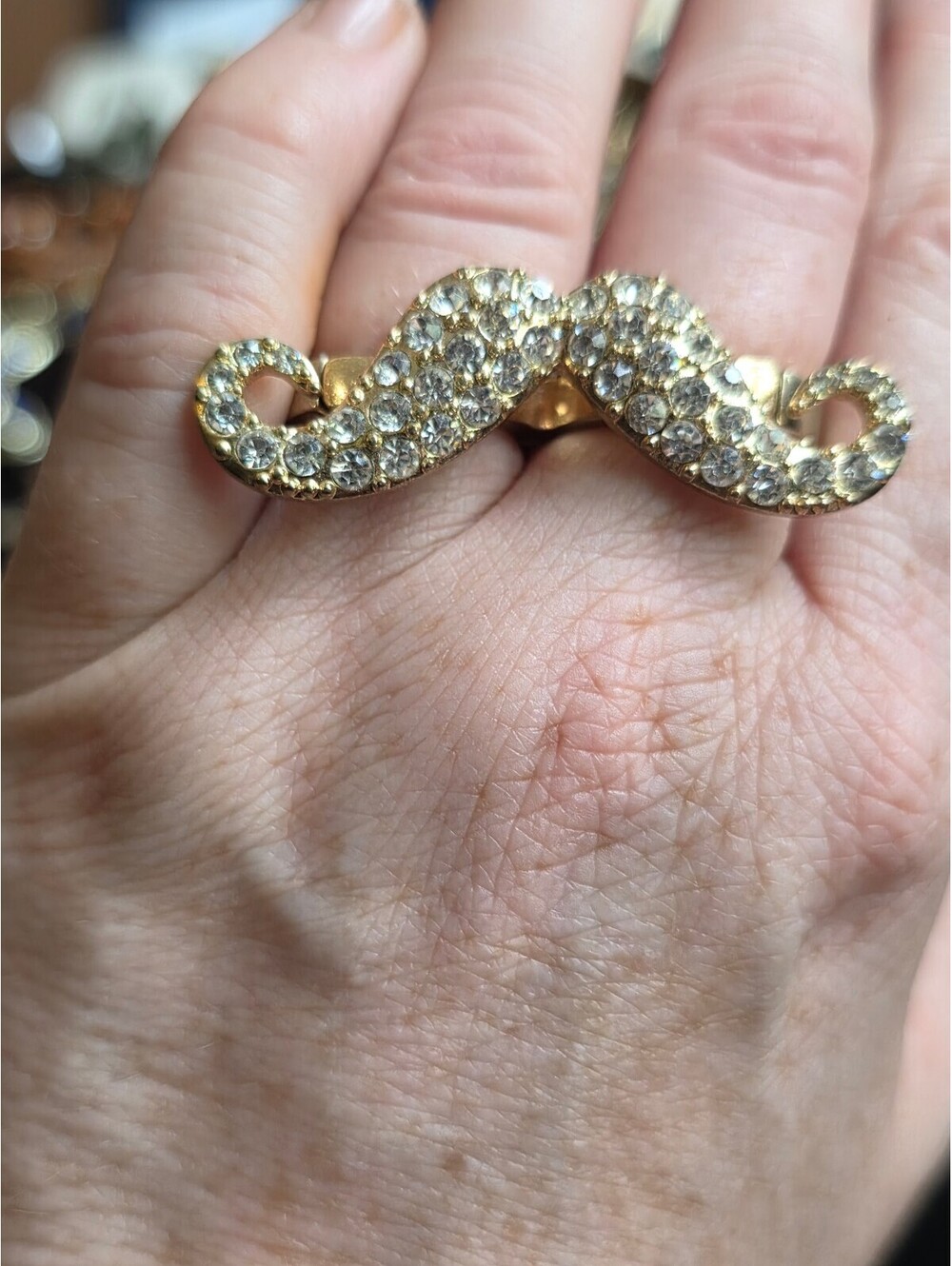 Y2k Novelty Rhinestone Handlebar Mustache Gold Tone Two-Finger Ring Stretch